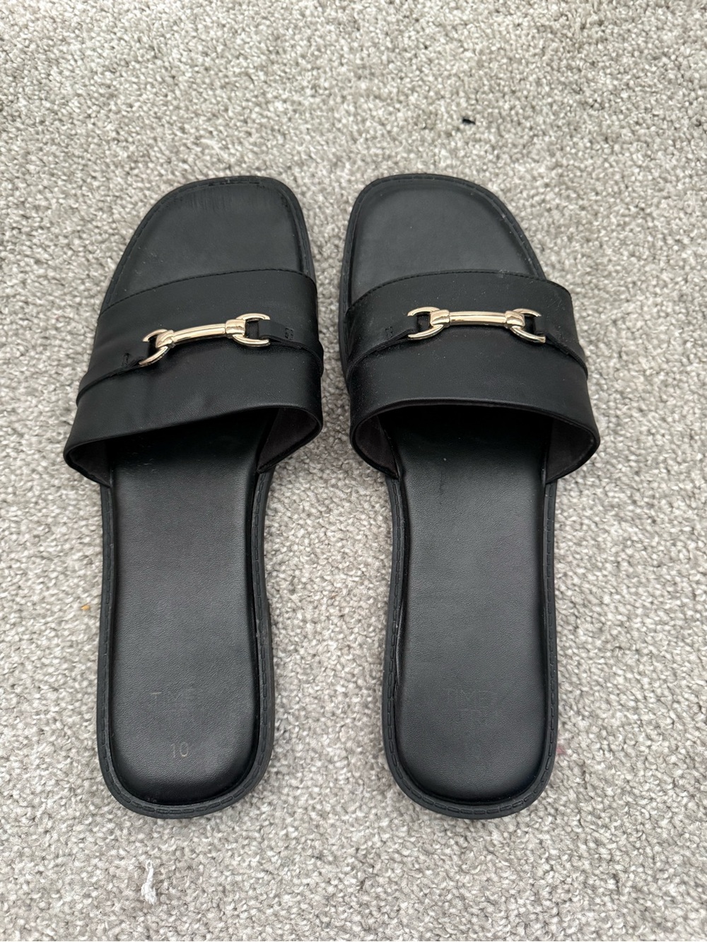 Time and Tru Black Slide Sandals with Gold Buckle Accent